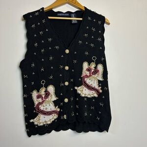 Eagle’s Eye VTG Y2K  Knit Vest Beaded Angel Embroidery Ugly Sweater‎ Christmas